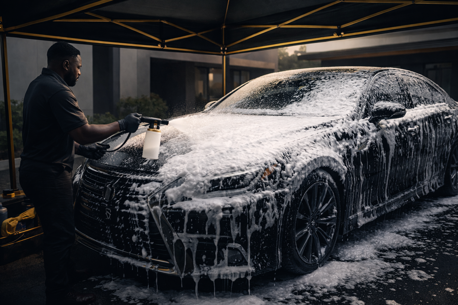 Foam wash in progress on luxury vehicle